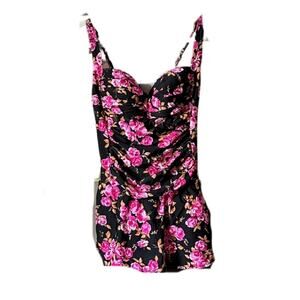 Black and Pink Floral Swim Dress One Piece Skirt Modest Ruffle ZZ30